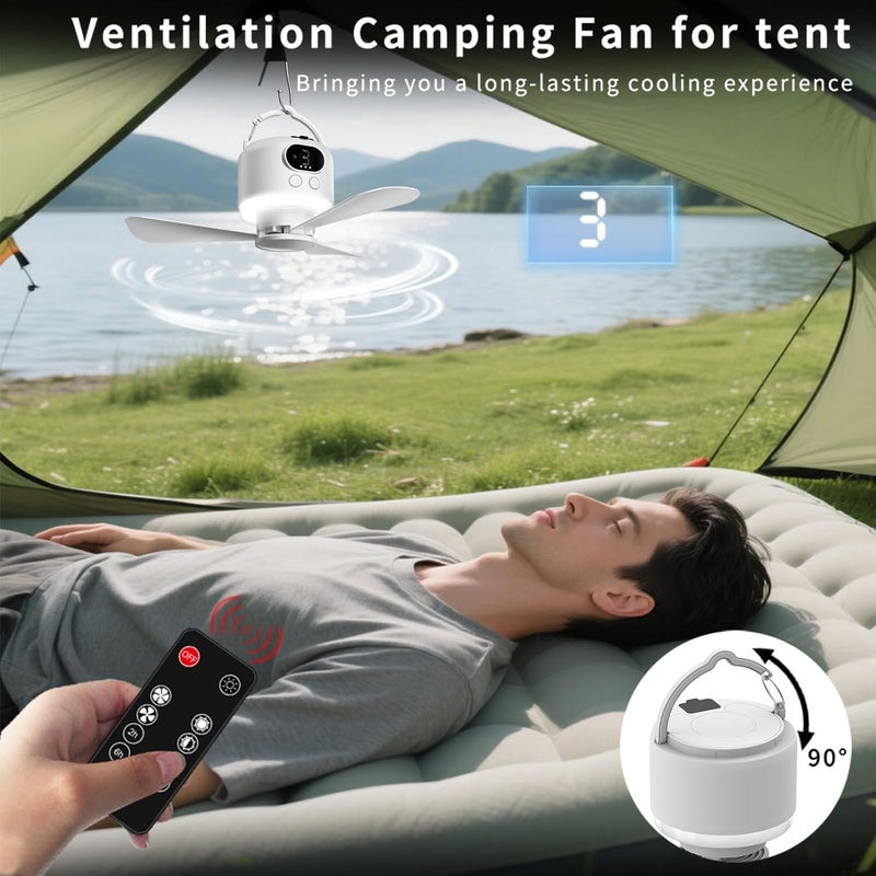 geonfi Camping Fan 10400mAh Battery Operated, USB Rechargeable Tent Fan with Remote Control,3 Detachable Blades, LED Light, 3 Speeds, Timer, Portable Ceiling Fan for Camping(White) - Image 3